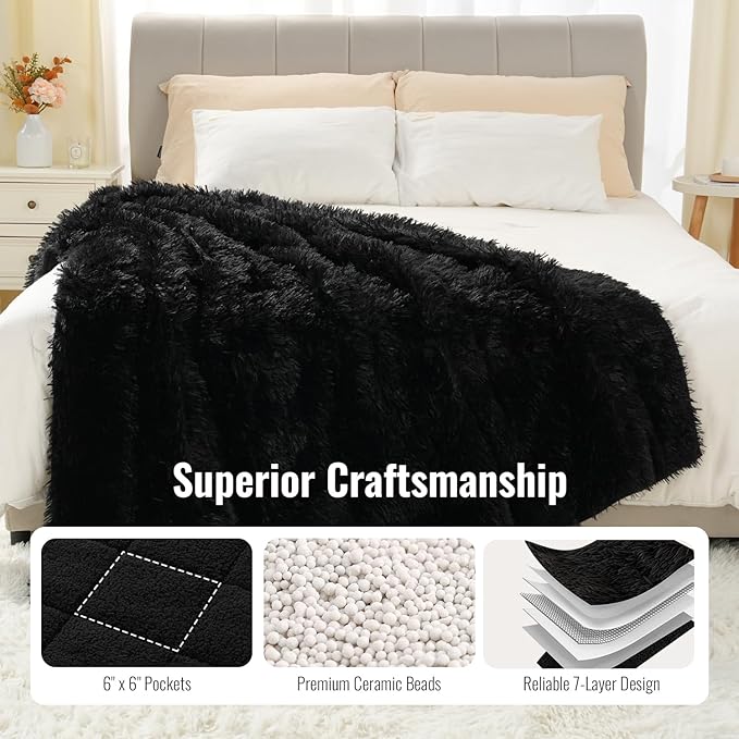 Uttermara Shaggy Faux Fur Weighted Blanket Queen Size, 15 lbs Long Fur Sherpa Soft Fluffy Bed Blanket for Adults, Ultra Cozy Warm Sherpa Throw Full/Queen Size Sofa Bed Blanket, 60 x 80 inches, Black