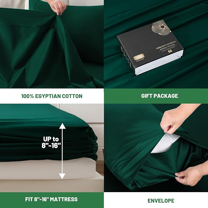 1000 Thread Count Egyptian Cotton Sheets Queen Size Set Sateen Weave Soft Breathable 16-Inch Deep Pocket 4PCS（Queen,Dark Green）