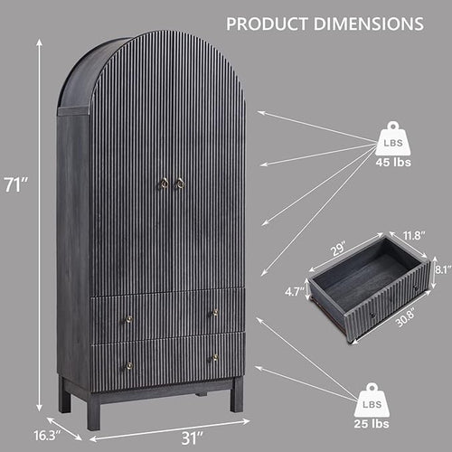 71" Tall Arched Bathroom Storage Cabinet, Modern Fluted Cabinet Storage with 4 Shlves and 2 Drawers, Floor Cabinet for Bathroom, Living Room, Kitchen, Dark Gray