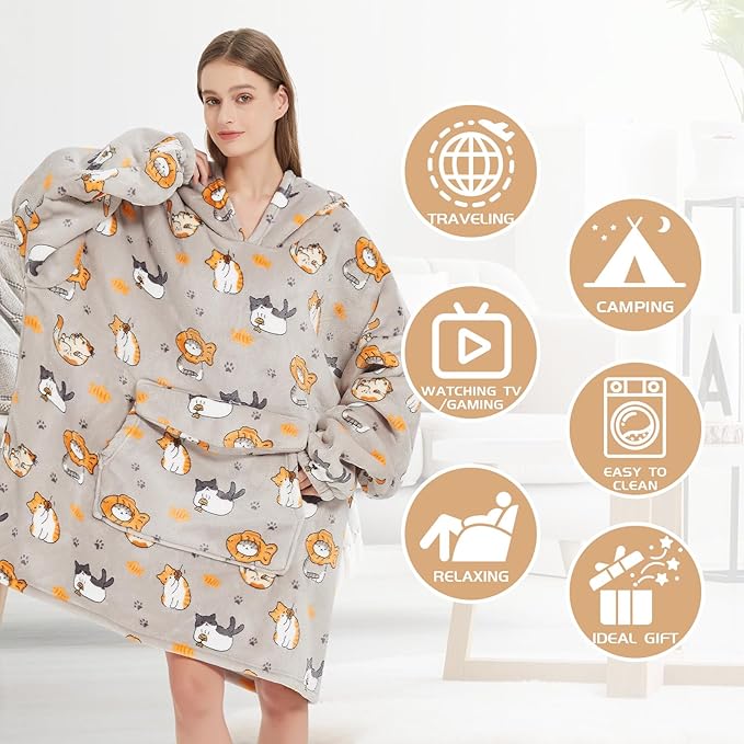 Wearable Blanket Hoodie for Adult,Oversized Sherpa Fleece Blanket Hoodie for Women Men,Cat