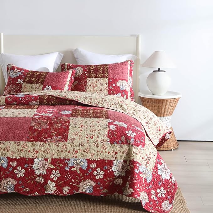 Cotton Bedspread Quilt Bedding Sets 3 Pieces Reversible Coverlet Sets Comforters Vintage Floral Patchwork Purple Red Bedspread, Queen Size
