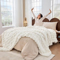 Fluffy Blanket for Couch Soft Luxury Faux Rabbit Fur Throw Cozy Fuzzy Plush Bubble Blanket Thick Warm Decorative Throw for Bed, Sofa (Queen Size 90''x90'', Cream White)
