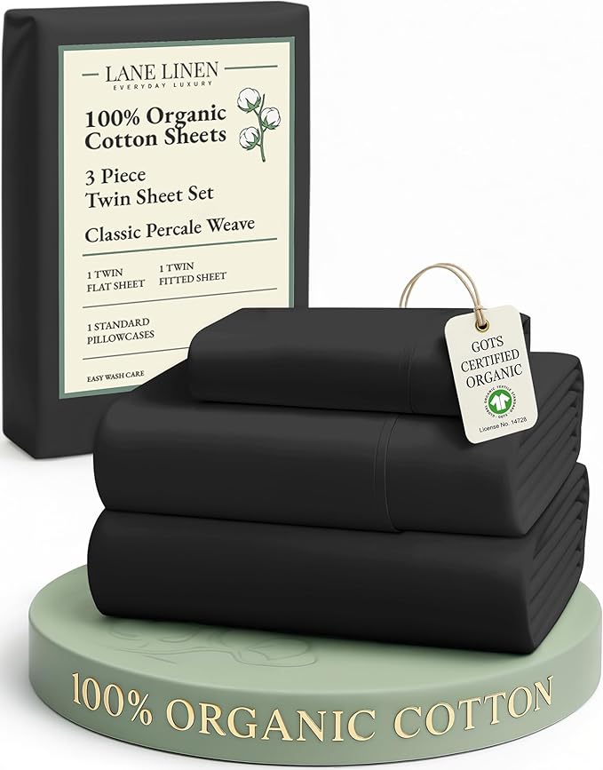 LANE LINEN 100% Organic Cotton Twin Bed Sheet Set, 3 Pc Twin Size Sheets Set, Soft & Breathable Twin Sheet Set Boys, Hotel Style Bedding Sheets & Pillowcases, 15" Deep Fitted Sheet - Black