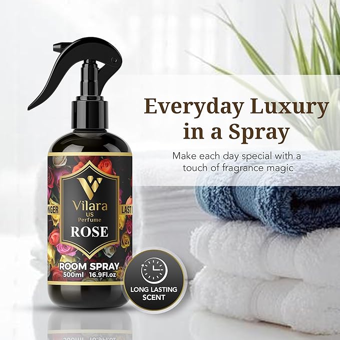 Vilara US Room Spray Freshener – Long-Lasting Luxury Perfume Scent, Linen & Fabric Spray for Bedding, Furniture, Home & Bedroom Aromatherapy – 16.9 fl oz (Rose)