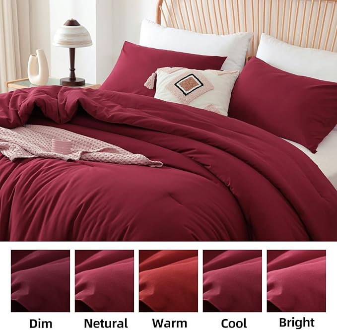 ROSGONIA Twin Comforter & Pillowcase for College Girls & Boys - Dark Red, Lightweight Dorm Bedding