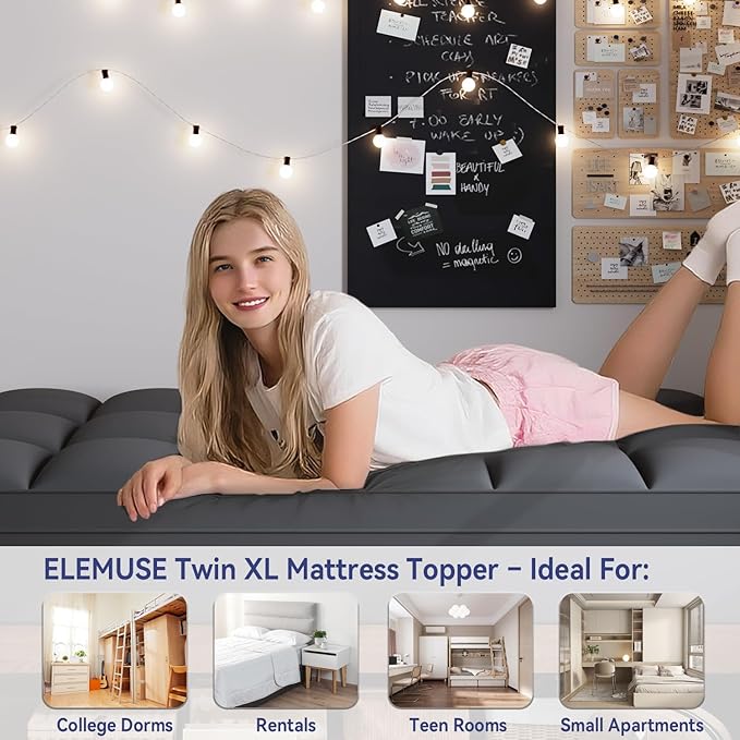 ELEMUSE Twin Grey Mattress Topper for Back Pain, Extra Thick Mattress Pad Cover, Plush Soft Pillowtop with Elastic Deep Pocket, Overfilled Down Alternative Filling