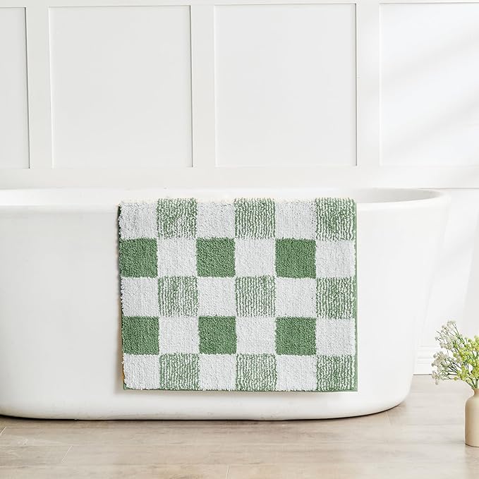 CozeCube Bath mats for Bathroom Non Slip, Fluffy Absorbent Microfiber Bath mat Washable, Aesthetic Bathroom Rugs, Long Sage Green Checkered Bath Runner, Sage Green, 59" x 24"