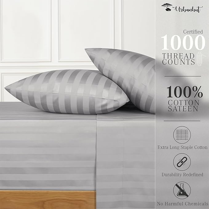 URBANHUT 1000 Thread Count Egyptian Cotton Sheets Damask Striped Full Size, Breathable Long Staple, 4 Pc Bed Sheet Sets, Luxury Hotel Sateen Finish Sheets Fits 16" Deep Pocket - Silver Grey