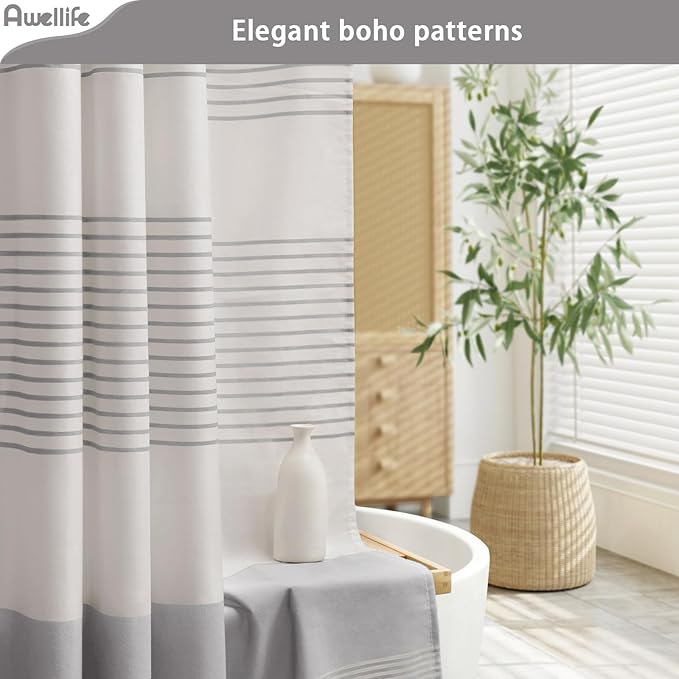 Awellife Farmhouse Grey Shower Curtain for Bathroom Linen Texture Stripe Tassel Shower Curtain 72 X 72 Inches Neutral