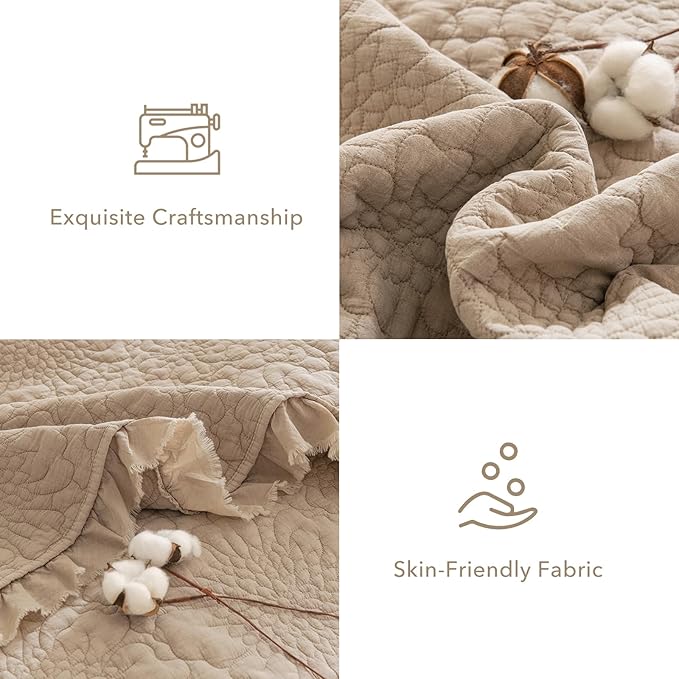 QSH 3PCs Dark Wheat Oversized King Quilt Bedspread Set(120"x120"),Stonewashed Cotton Ruffled Quilt California King,Ultra Soft Lightweight Crinkled Shabby Bedspread Coverlet Bedding Set for All Seasons