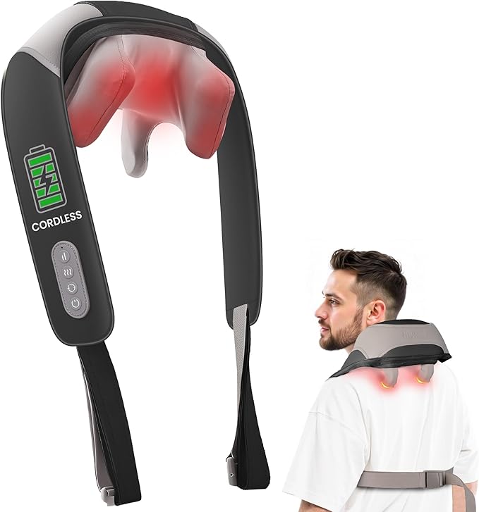 Cordless Neck and Shoulder Massager with Heat, Shiatsu Neck Back Massager Deep Tissue, 3 Massage Intensity & 2 Heating Area, Gifts for Women, Men