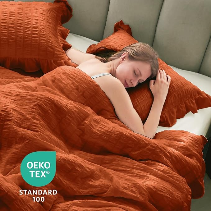JOLLYVOGUE Burnt Orange Queen Comforter Set, 3 Pieces Seersucker Comforters Queen Size, Lightweight & Fluffy Bedding Sets Queen for All Season with 1 Ruffle Comforter and 2 Ruffle Pillowshams