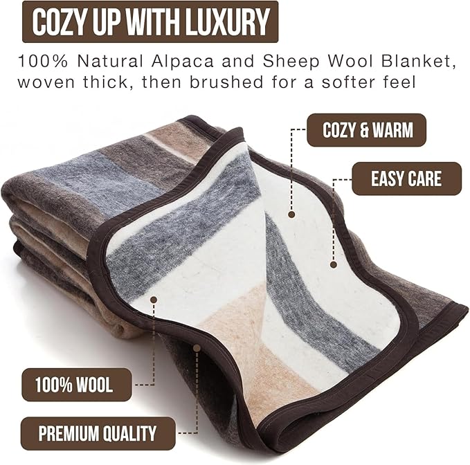 Natural Alpaca & Sheep Wool Blanket – King Size – Heavyweight Warmth, Thick, Breathable, Natural Texture & Scent, 103 x 86 inches, 7.2 lbs