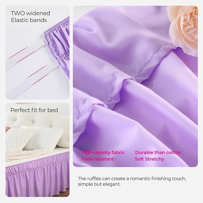 RIMELA Bed Skirting Queen Size Lilac Purple Bed Skirt 18 Inch Drop, Wrap Around Elastic Adjustable Bedskirt, Dust Ruffle for Bed Frame & Box Spring Soft Durable Fabric Machine Washable Easy to Install