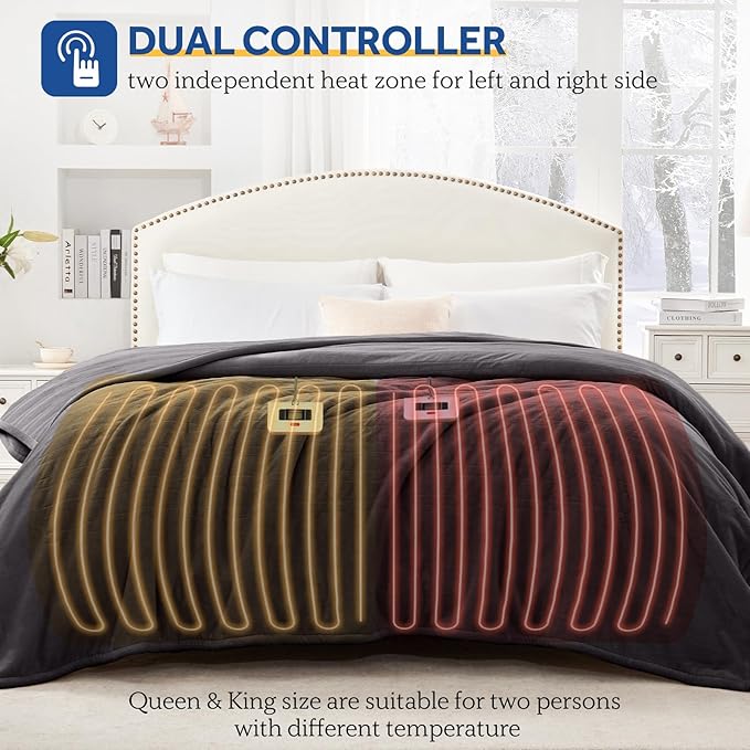 Sealy Heated Electric Blanket Queen Size, Flannel Electric Blanket with 10 Heating Levels & 1-12 Hours Auto Shut Off, Fast Heating Warming Blanket, Machine Washable, Grey, 84 x 90 Inch
