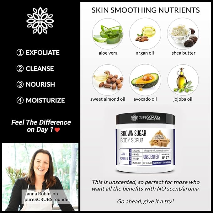 pureSCRUBS Premium Unscented Brown Sugar Body Scrub | Large 16oz Jar | Face, Feet & Full Body Scrub | Includes Wooden Spoon, Loofah & Mini Exfoliating Bar Soap