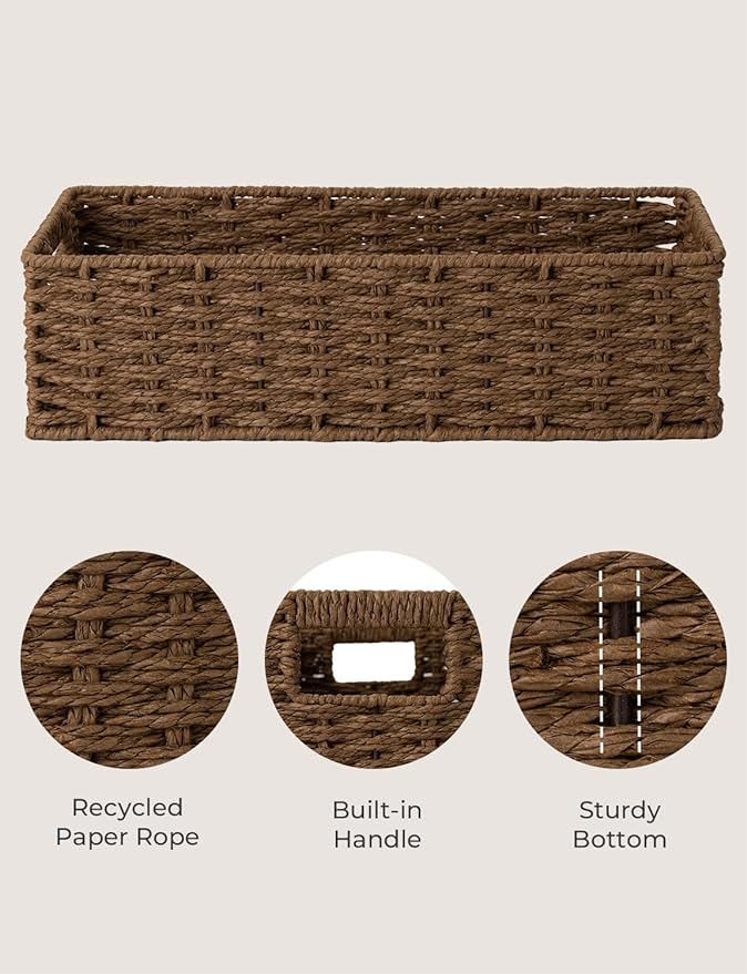 StorageWorks Toilet Tank Tray, Brown Round Paper Rope Bathroom Baskets for Organizing, Toilet Tank Basket, Toilets Organizer with Built-in Handles, 14 ¼"L x 6 ¾"W x 3 ¾"H, 1 Pack