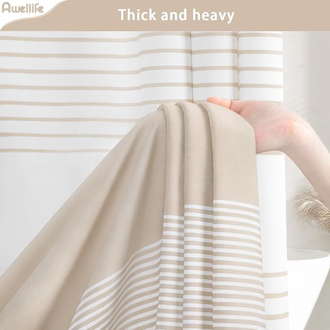 Awellife Boho Beige Shower Curtain for Bathroom Stripe Tassel Shower Curtain 54 X 72 Inches Farmhouse Cotton
