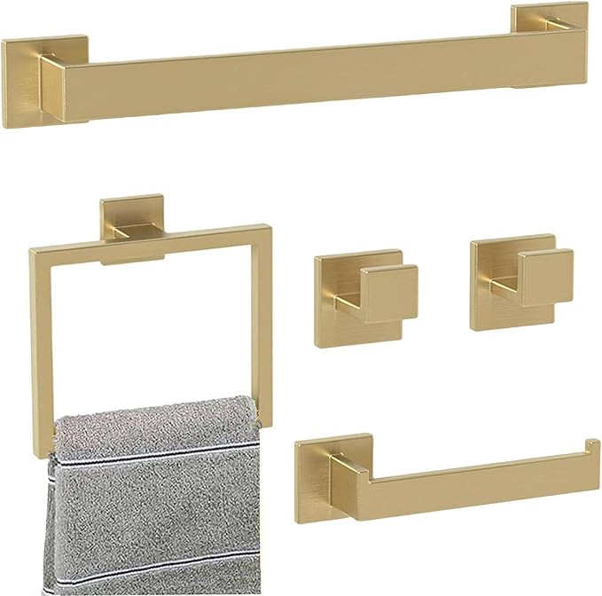 Bathroom Accessory Towel Bar Set: 5 Pieces Gold Bathroom Hardware Square SUS304 Stainless Steel - Wall Mounted Towel Rack&Toilet Paper Holder&Towel Ring and Towel Hook