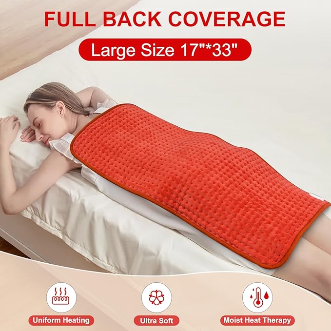 Heating Pad for Back Pain Relief 17"x33" Large, Moist Dry Heat Options, XL Electric Heating Pads, 9 Heat Settings, Machine Washable, Auto-Off, Gifts for Women, Mom, Men
