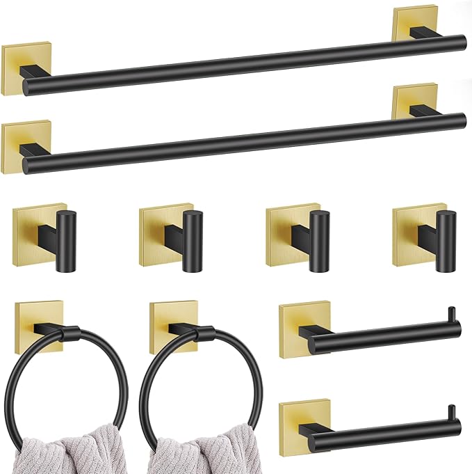 10 Pieces Black Gold Towel Bar Set, 23.6 Inch Bathroom Accessories Set SUS304 Stainless Steel Bathroom Hardware Set Towel Racks for Bathroom Wall Mounted.