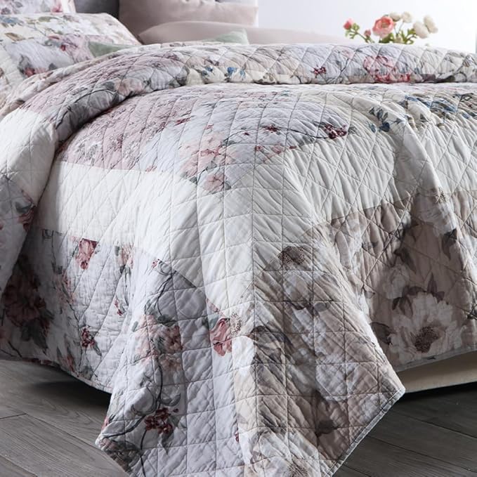 Cotton Bedspread Quilt Bedding Sets 3 Pieces Reversible Coverlet Sets Comforters Vintage Floral Patchwork White Bedspread, Queen Size