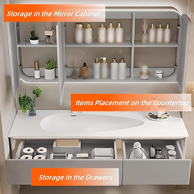 68IN Grey Bathroom Vanity Set - Floating Bathroom Vanity with Single Sink | Including LED Smart Defogging Mirror Cabinet & Time Display Function, Equipped with Motion Sensing Light Strip (Style A)