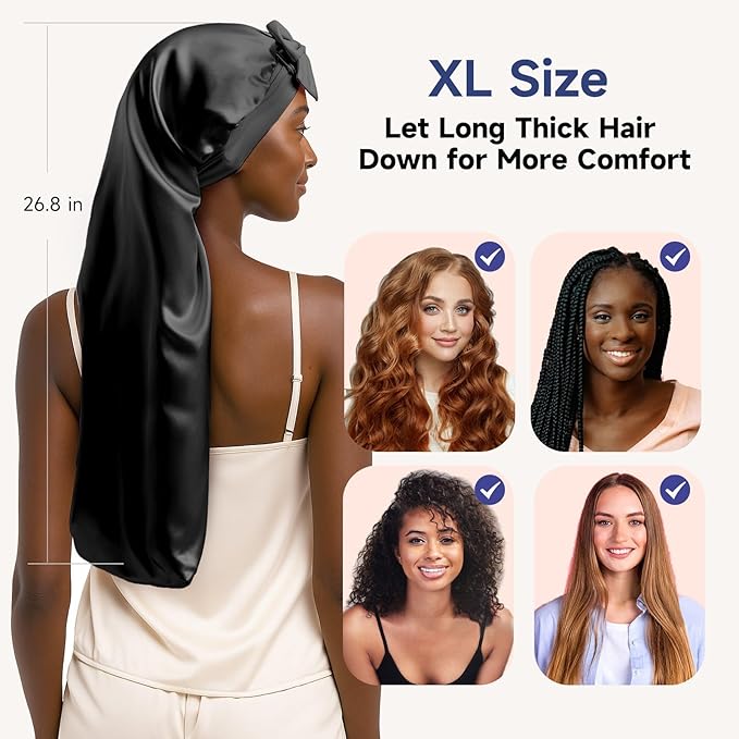 Umisleep 22 Momme Mulberry Silk Bonnet for Sleeping Women, Untangled Hair Care Bonnet, Extra Long for Curls & Braids - Lays Flat for Styling, Double Layer Hair Wrap with Soft Adjustable Tie, Black