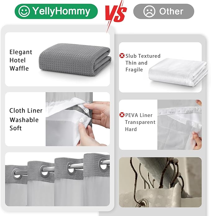YellyHommy Stall No Hook Shower Curtain with Snap in Fabric Liner Set Less Time Grey Waffle Shower Curtain for Bathroom 75" L x 60" W