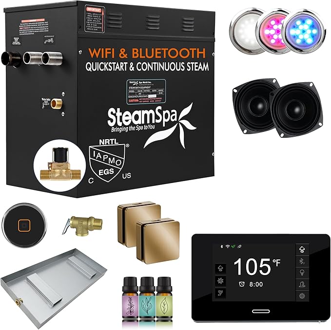 SteamSpa Steam System 12kW Steam Shower Generator with Bluetooth Wifi, Quickstart Continous Steam, Advanced Touch Pad Screen, Chroma Lights, Drain Pan and Auto Drain Gold RVBS1200GD-A