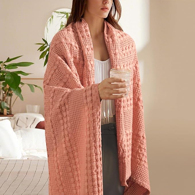 PHF 100% Cotton Waffle Weave Throw Blanket, Soft Lightweight Breathable Cozy Throws for Couch Bed Sofa, Luxury Aesthetic Woven Blanket for Home Decor & Office, 50"x60", Canyon Clay
