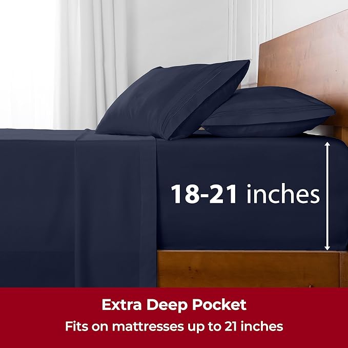 Mellanni Extra Deep King Sheets - 4 PC Iconic Collection Bedding - Hotel Luxury, Ultra Soft, Cooling Bed Sheets - Wrinkle, Fade, Stain Resistant (King, Navy Blue)