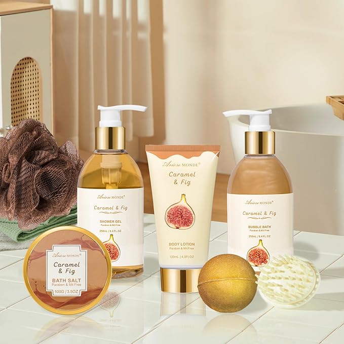 Christmas Gifts for Women Spa Baskets for Women Gift, Warm Caramel & Fig Bath Gift Set with Shower Gel Self Care Pampering Gifts for Mothers Day, Birthday, Anniversary Gift