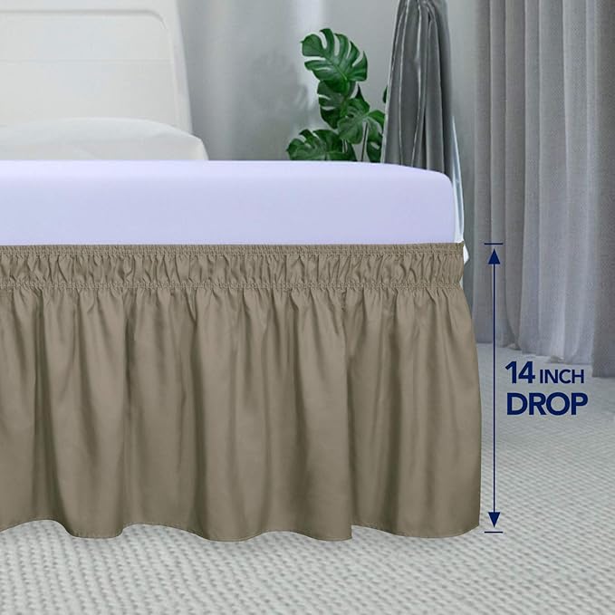 PureFit Wrap Around Ruffled Bed Skirt with Adjustable Elastic Belt - 14 Inch Drop Easy to Put On, Wrinkle Free Bedskirt Dust Ruffles, Bed Frame Cover for Twin,Twin XL and Full Size Beds, Sand