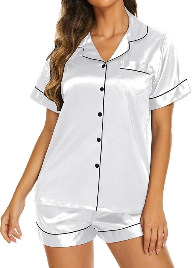 Ekouaer Pajamas for Women Set Silk Satin Pjs Shorts Sleepwear 2 Piece Loungewear S-XXL