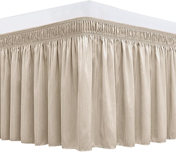 Biscaynebay Wrap Around Bed Skirts for Full & Full XL Beds 15 Inch Drop, Light Camel Elastic Dust Ruffles with Adjustable Belts Silky Luxrious Fabric Machine Washable