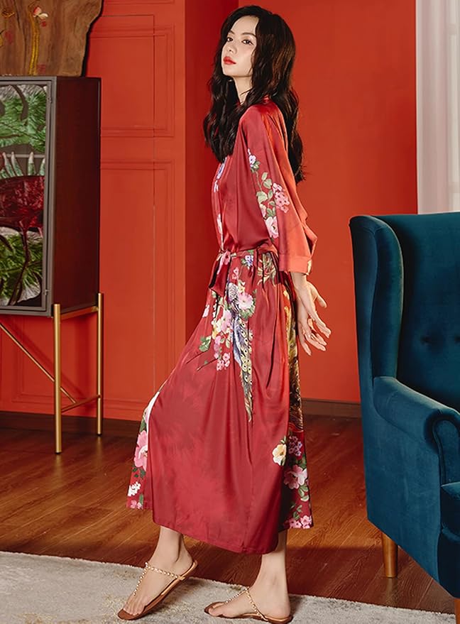 Silk Satin Robe for Women Long Japanese Kimono Robe Lightweight Soft Bathrobe Floral Luxury Dressing Gown