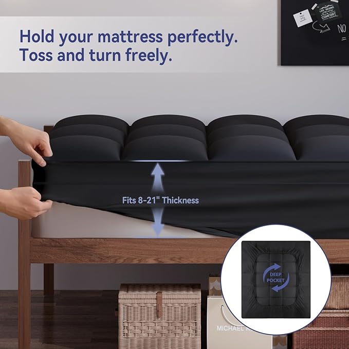 ELEMUSE Twin XL Black Cooling Mattress Topper, Pillow Top, 100% Polyester, Machine Washable, 10 Inches