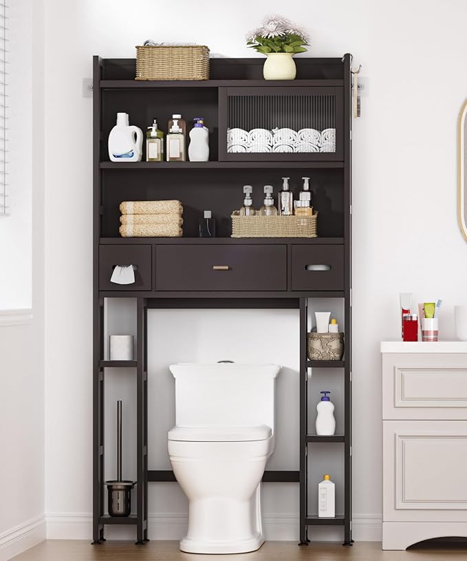 Over The Toilet Storage Cabinet with Acrylic Sliding Door Panel, Bamboo Organizer Shelf with 2 Paper Drawers and 1 Big Drawer,Space Saver Rack for Bathroom (Brown)