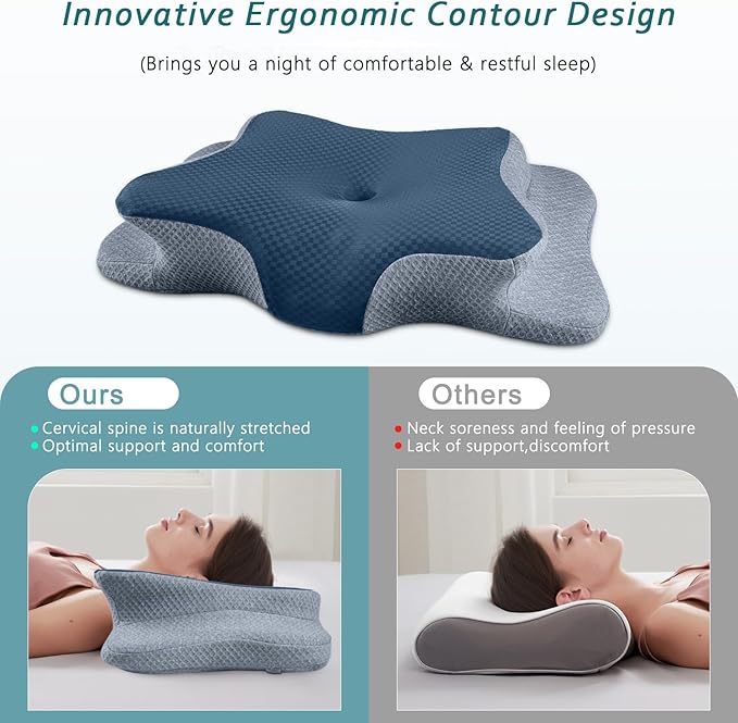 Cervical Neck Pillow for Pain Relief Sleeping, Contour Memory Foam Pillow, Ergonomic Side Sleeper Pillow for Adults, Cooling Orthopedic Neck Support Pillow for Back Stomach Sleepers