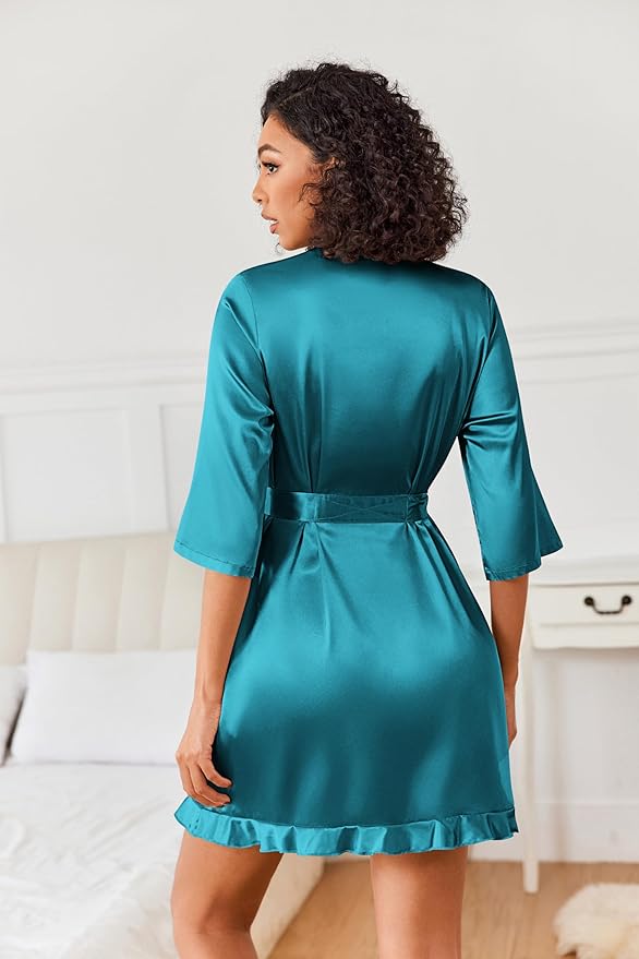 Ekouaer Women's Satin Robes Silk Kimono Bath Robe Short Ruffled Hem Bride Bridesmaid Sleepwear with Pockets