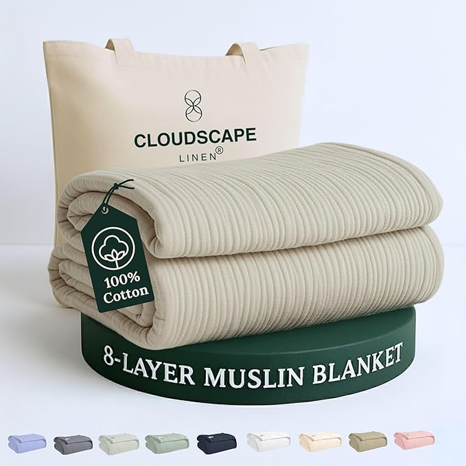 Cloud Scape Linen 8-Layer Muslin Blanket King Size for Adult - 100% Cotton, Breathable and Soft, Perfect Winter Cozy Blanket, Fits up to California King Bed, 92x108, Fog