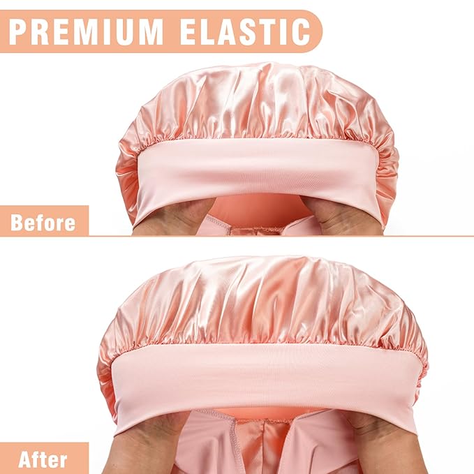 2Pcs Bonnets for Black Women Braid Bonnet, Large Long Satin Bonnet for Braids, Silk Bonnet with Stretchy Tie Band Sleep Cap Hair (Black&Champagne Gold)