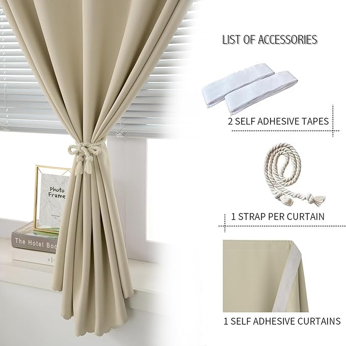 Self Adhesive Portable Blackout Curtains for Bedroom Easy to Install Window Thermal Lnsulated Kitchen Room Darkening Small Window Curtains, Cortinas Para Cuarto, 59"W X 71"L, Beige, 1 Panel