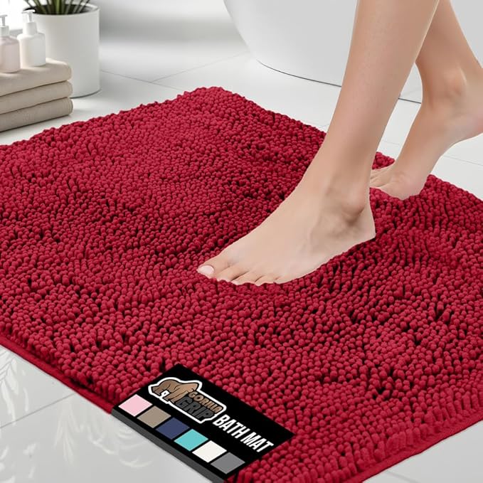 GORILLA GRIP Bath Rug Mat 30x20, Thick Soft Absorbent Chenille, Quick Dry Microfiber Mats, Rubber Backing Washable Shower Floor Rugs, Bathmat Runner, US Designed Bathroom Home Decor Accessories Red