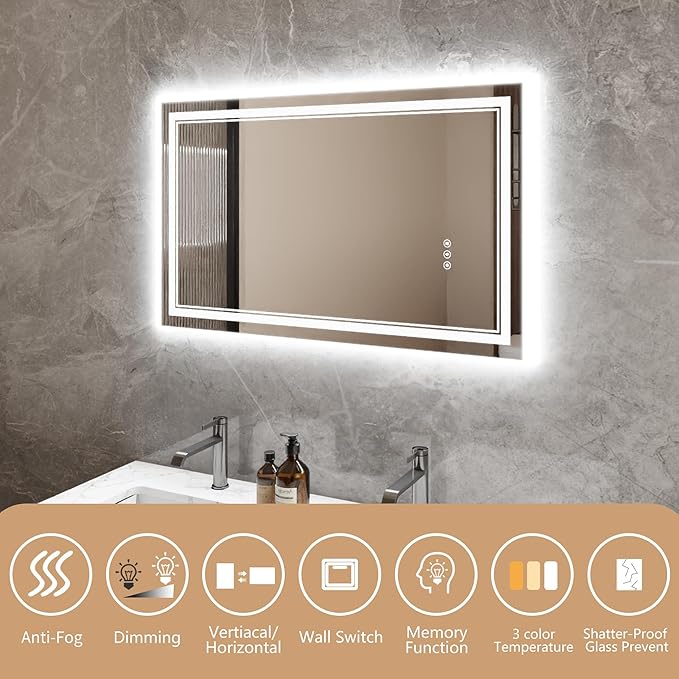 Bathroom Mirror with Lights 24"X40" with Front Light and Backlit, Tempered Glass, Wall Mount Horizontal/Vertical, Stepless Dimmable, 3 Colors, Anti Fog, Bathroom Memory LED Mirror