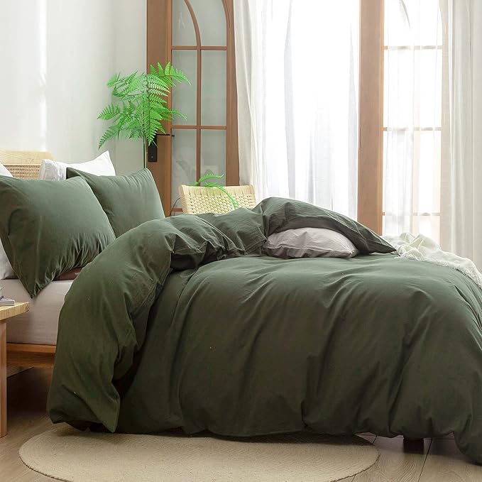 BESTOUCH Duvet Cover Set 100% Washed Cotton Linen Feel Super Soft Comfortable Chic Lightweight 3 PCs Home Bedding Set Solid Olive Green Super Queen