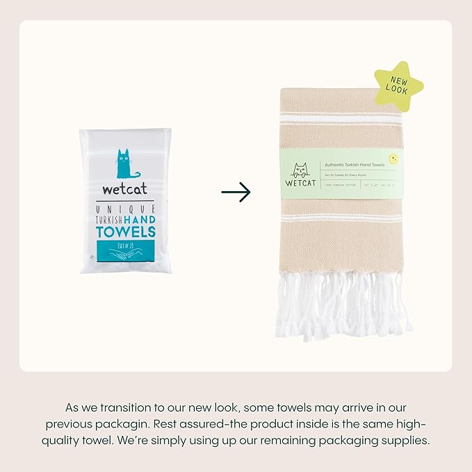 WETCAT Turkish Hand Towels with Hanging Loop, Set of 2 (20" x 30") 100% Turkish Cotton, Pre-Washed, Quick Drying, for Kitchen or Bathroom - Beige