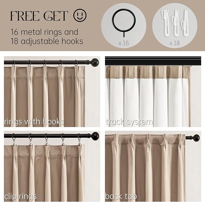Topfinel Pinch Pleat 100% Blackout Curtains & Drapes 84 Inch Length 2 Panels Set, Flax Linen Taupe Tan Beige Room Darkening Soundproof Curtains with Hooks Rings for Bedroom Living Room Track System