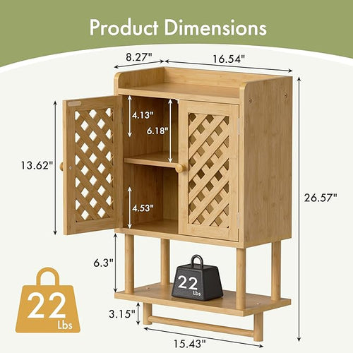 AmazerBath Bathroom Wall Cabinets, Bamboo Medicine Cabinet with Grille Door, Over The Toilet Storage Cabinet with Towel Bar, Wall Mounted Cabinet with Adjustable Shelves for Small Spaces